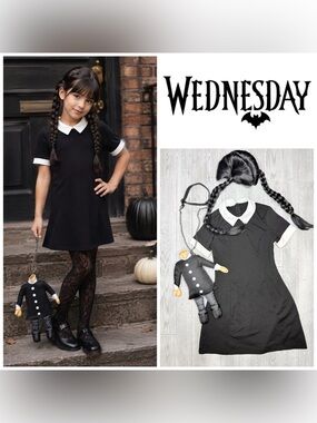 Spirit Halloween Wednesday Addams Halloween costume wig dress and purse s cosply